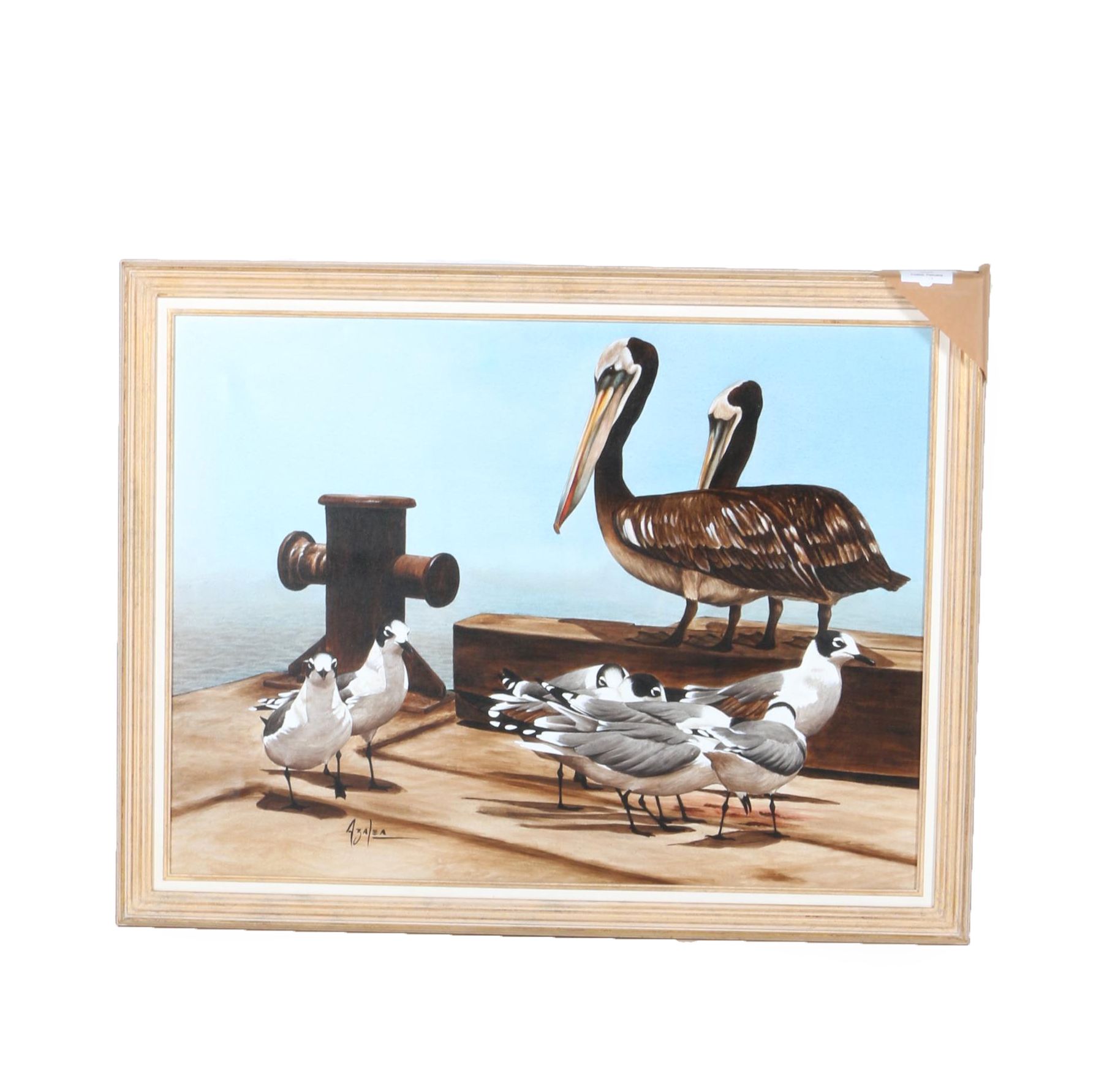 Azalea Signed Oil Painting on Canvas "Birds on a Deck"