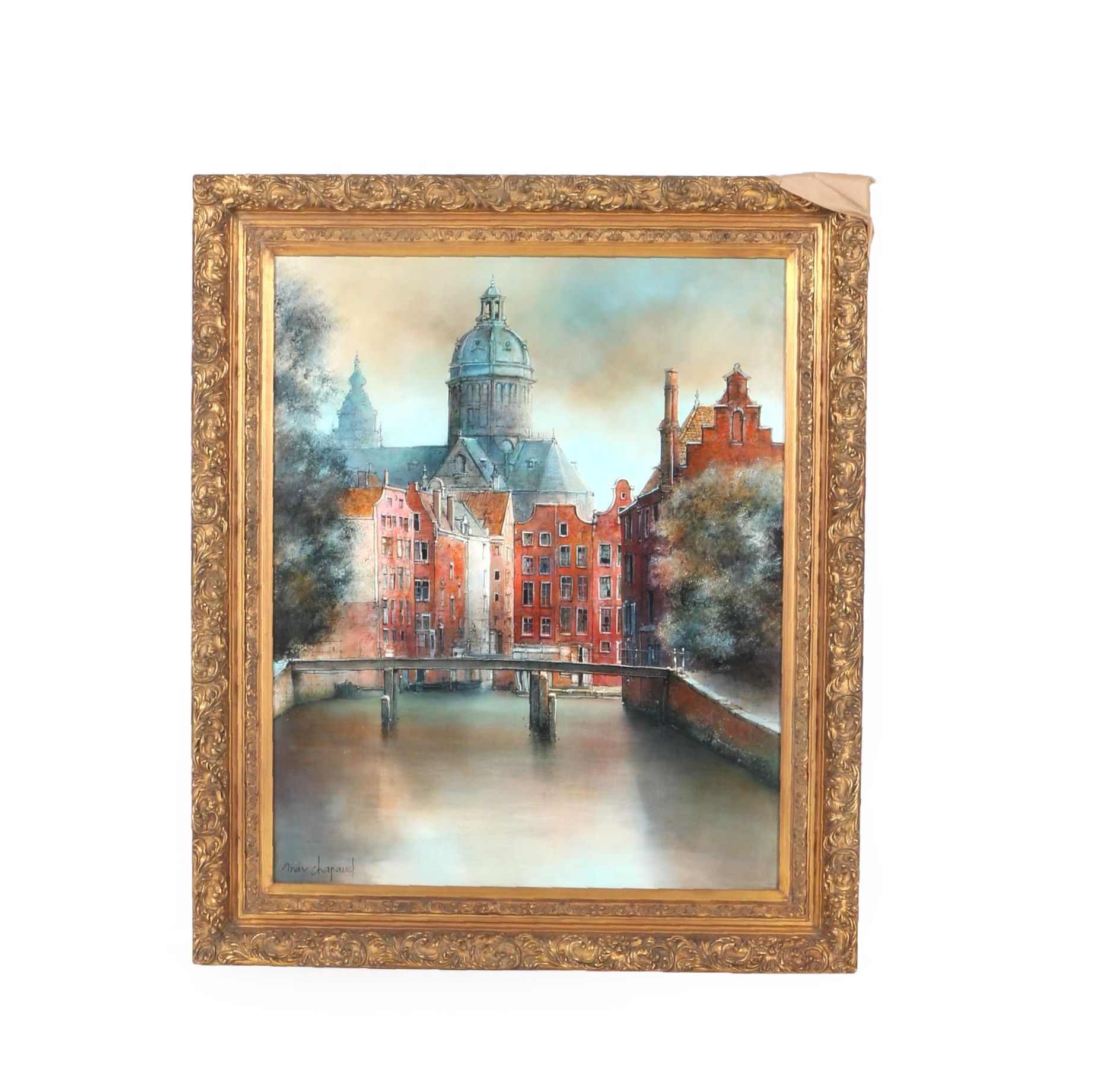 Marc Chapaud Oil Painting on Canvas "Canal a Amsterdam Dome de St. Nicholas"