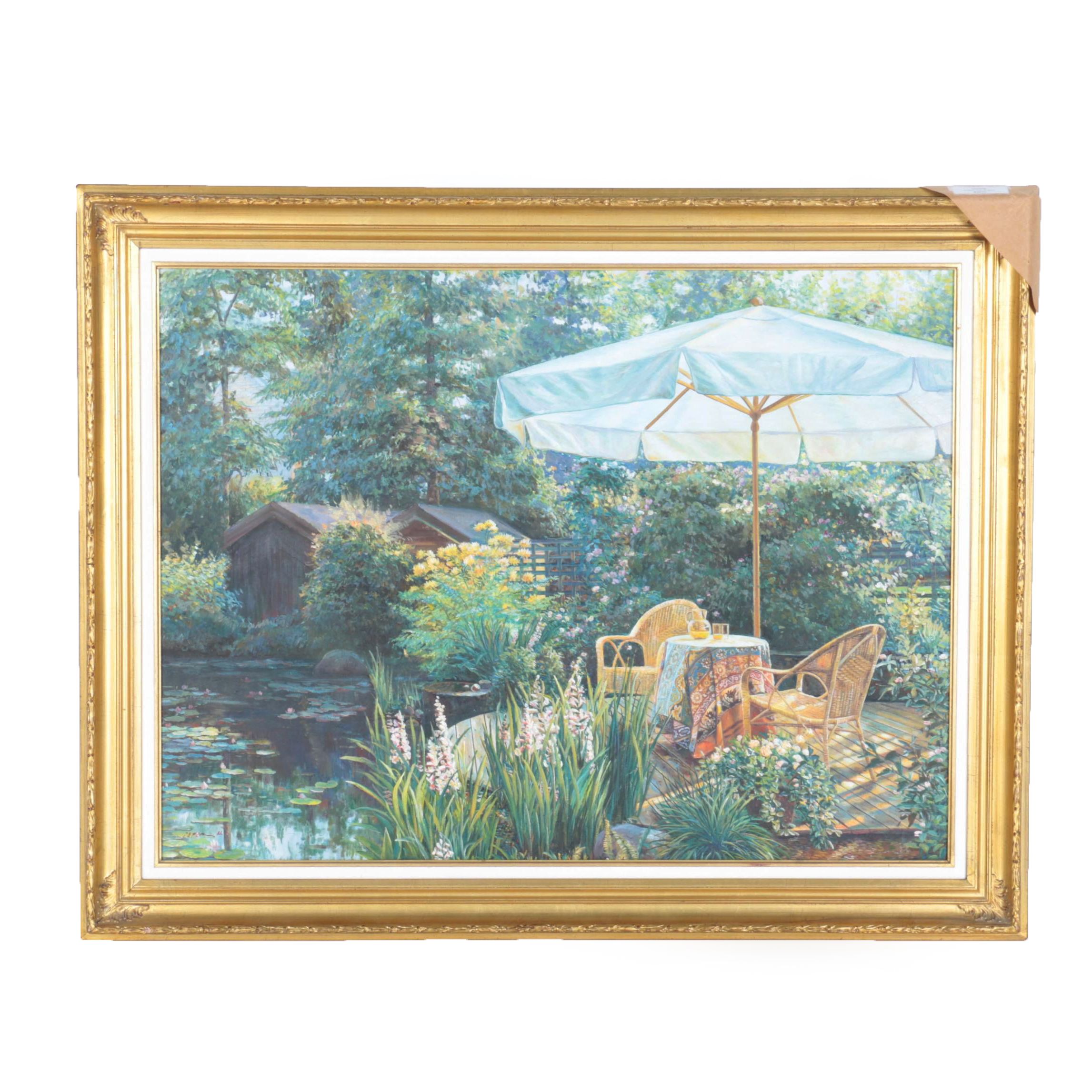 Peter Ho Oil on Canvas "Patio With Umbrella"
