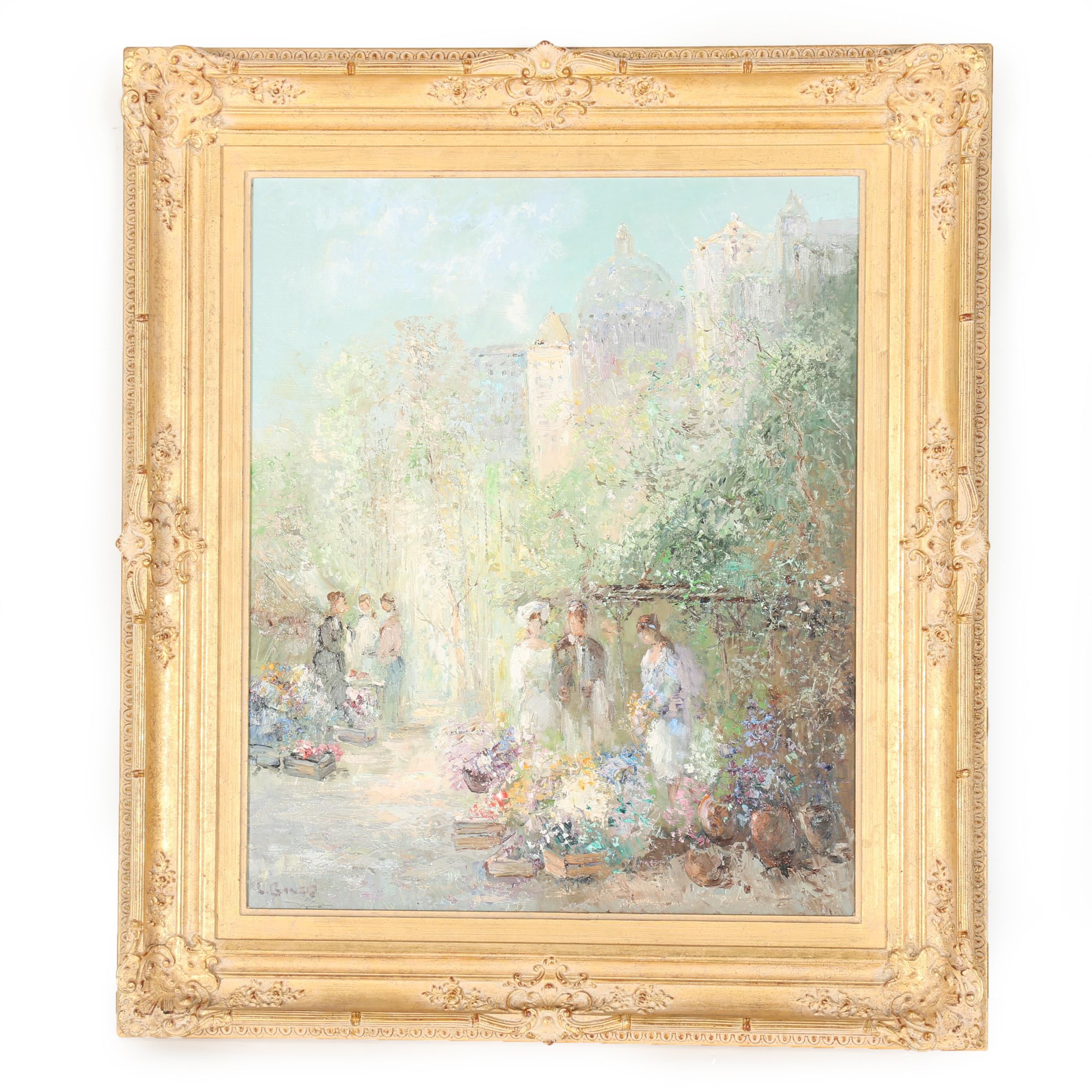 Willi Bauer Oil Painting on Canvas "Flower Market"