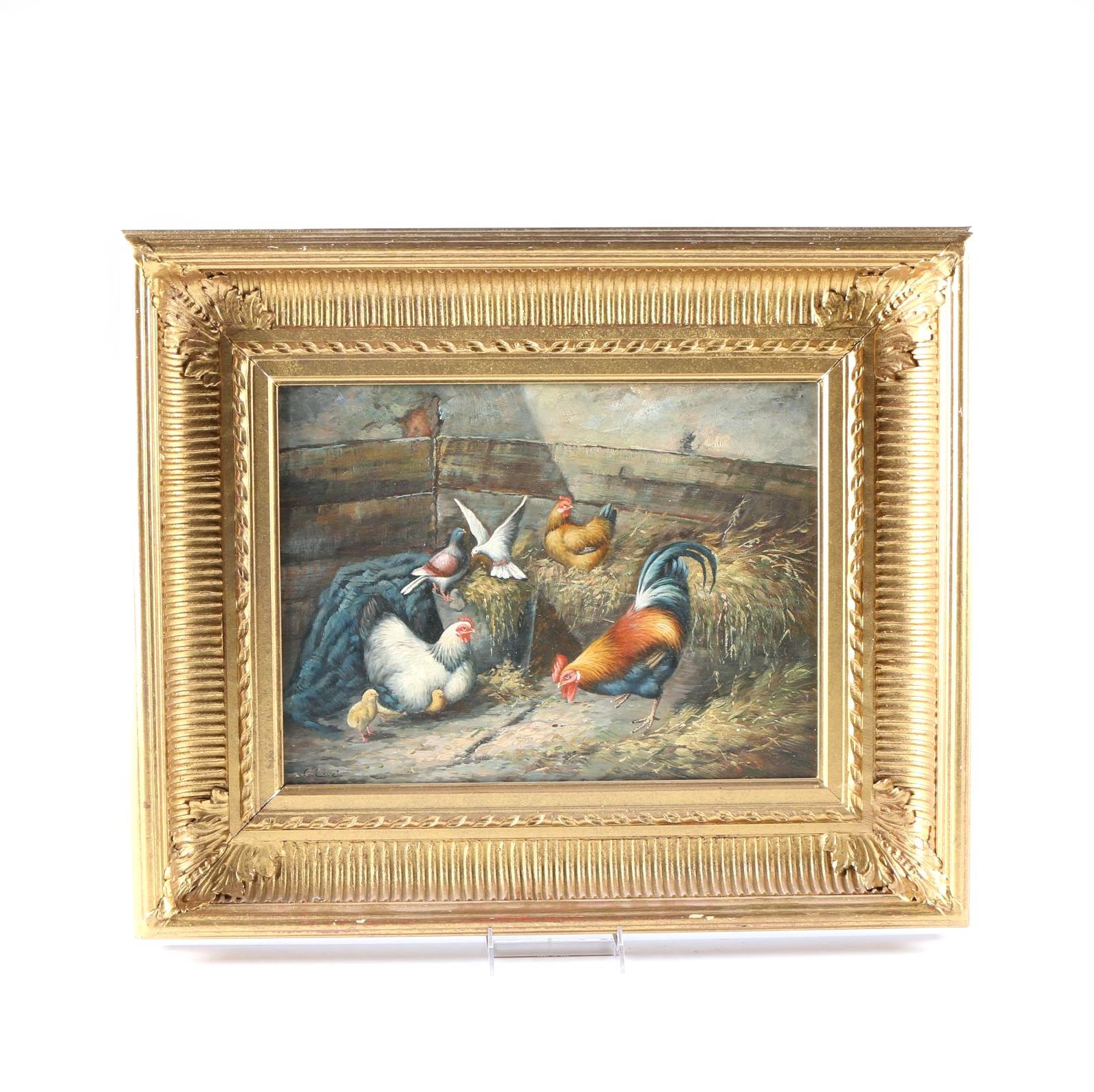 C. Lavel Oil Painting on Board "Chickens"