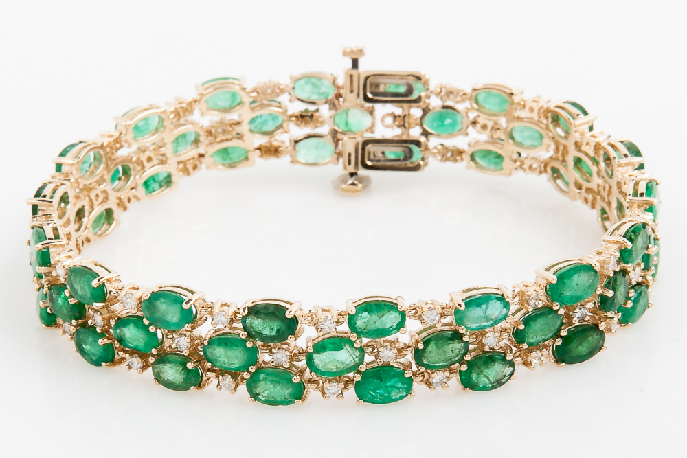 14K Yellow Gold, 23.76 CTW Emerald, and 1.08 CTW Diamond Staggered Tennis Bracelet