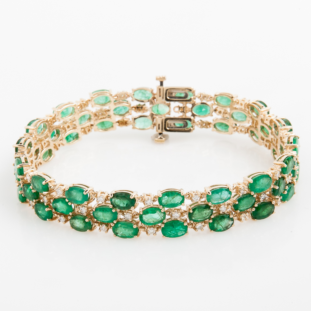14K Yellow Gold, 23.76 CTW Emerald, and 1.08 CTW Diamond Staggered Tennis Bracelet