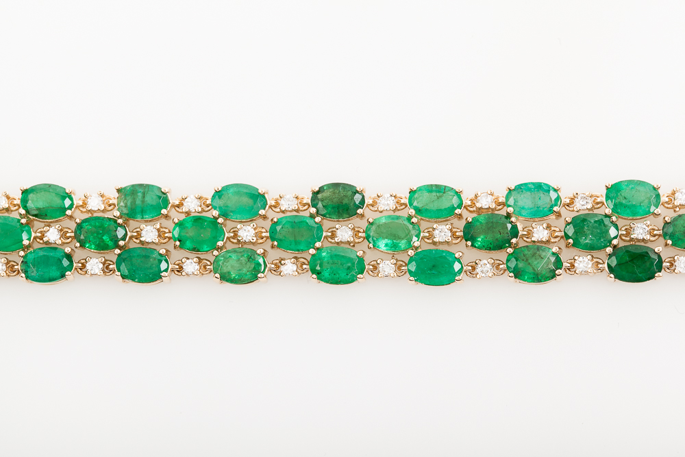 14K Yellow Gold, 23.76 CTW Emerald, and 1.08 CTW Diamond Staggered Tennis Bracelet