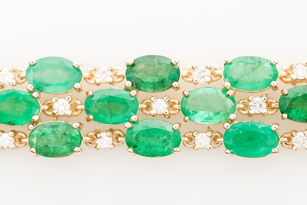 14K Yellow Gold, 23.76 CTW Emerald, and 1.08 CTW Diamond Staggered Tennis Bracelet