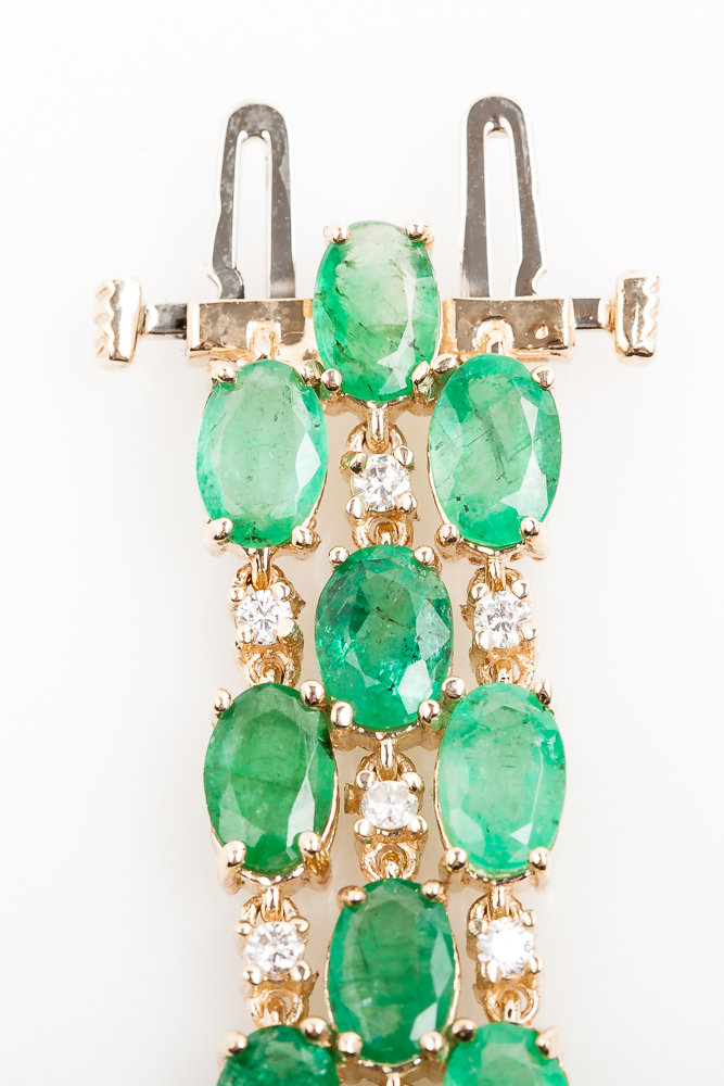 14K Yellow Gold, 23.76 CTW Emerald, and 1.08 CTW Diamond Staggered Tennis Bracelet