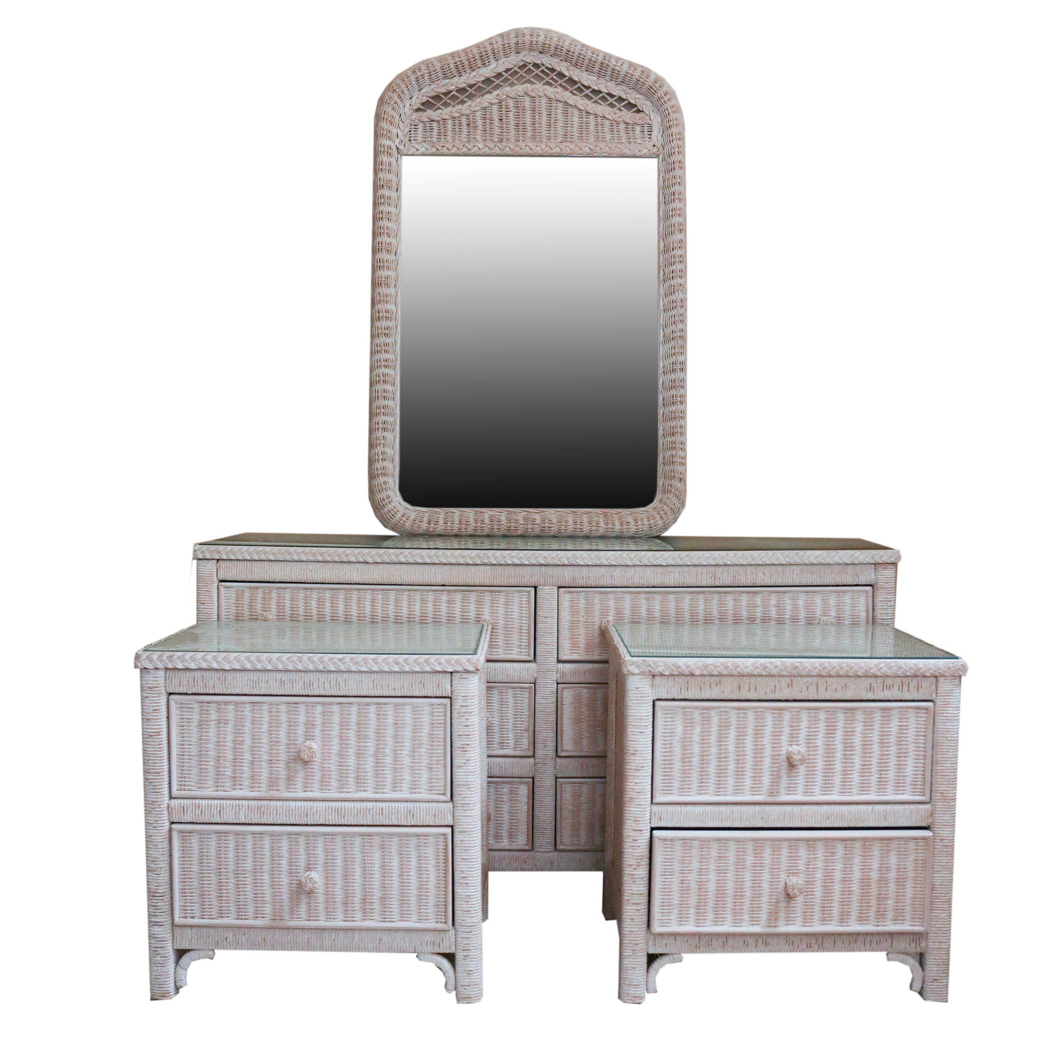 Lexington Furniture White Wicker Dresser, Mirror, and Nightstands