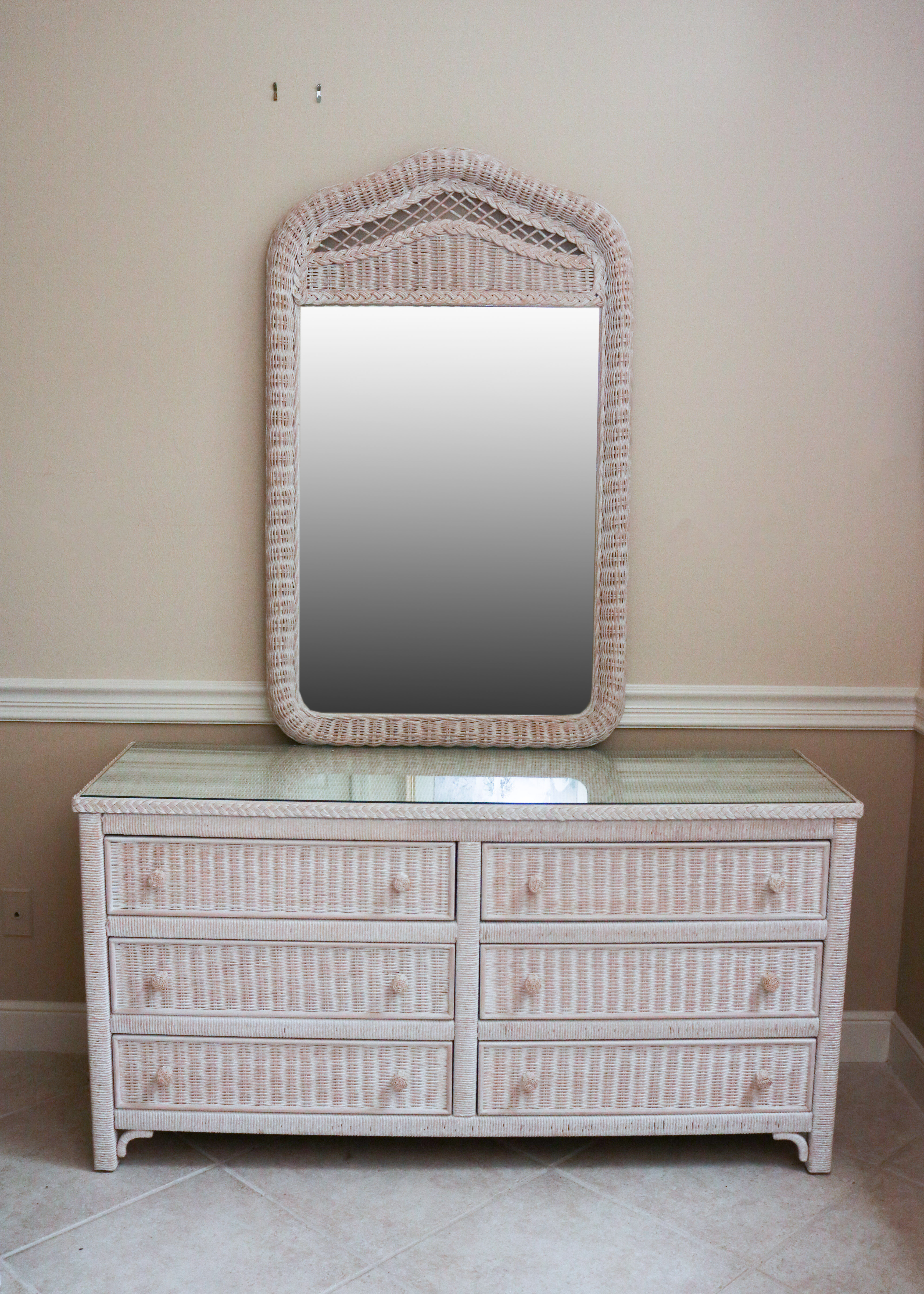 Lexington Furniture White Wicker Dresser, Mirror, and Nightstands