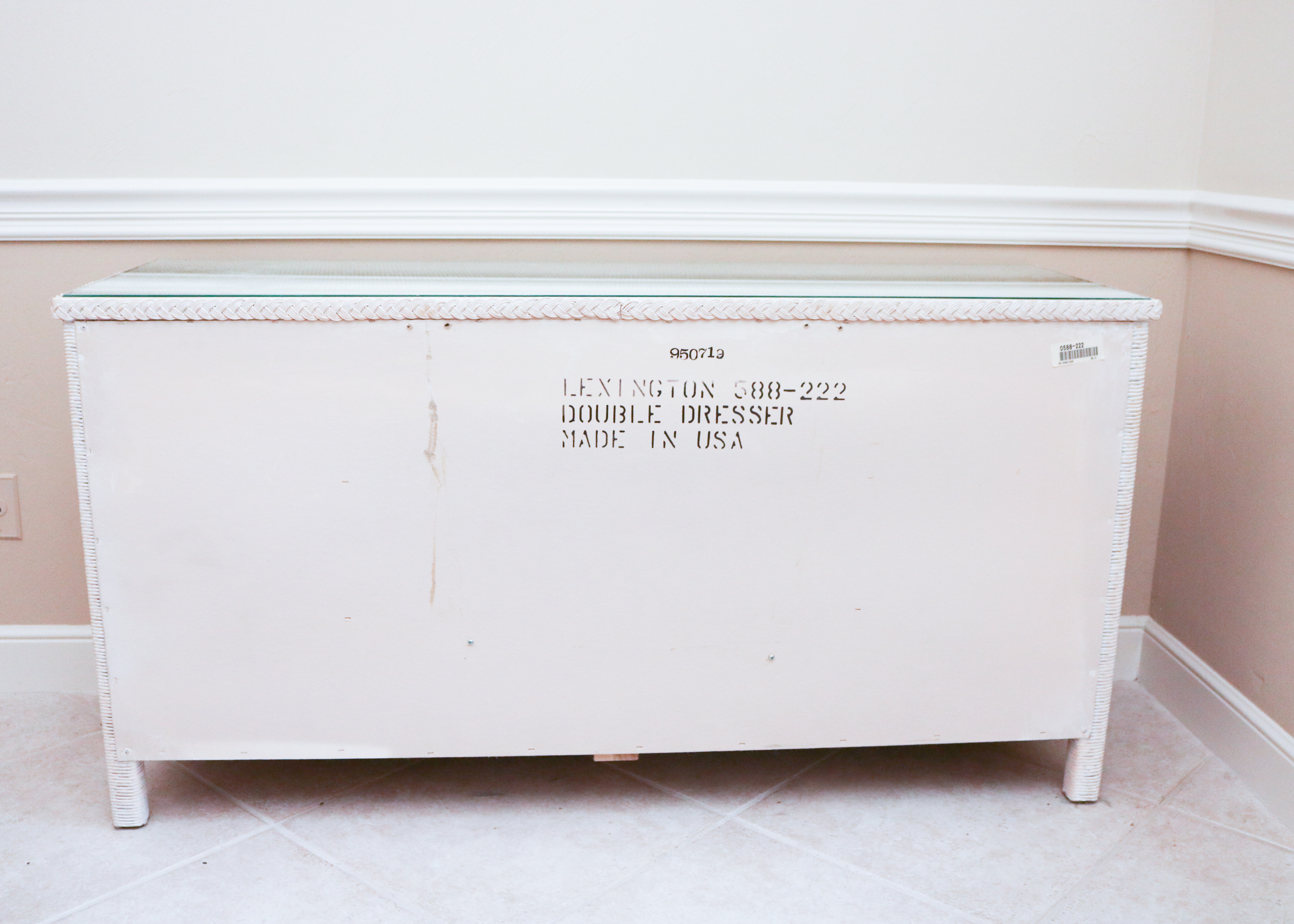 Lexington Furniture White Wicker Dresser, Mirror, and Nightstands