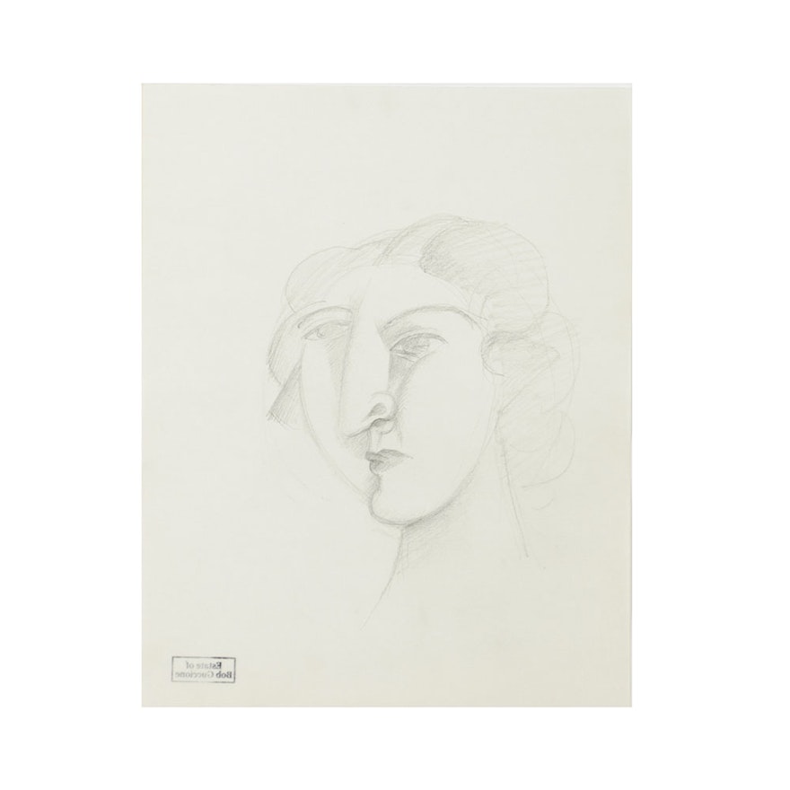 Bob Guccione Graphite on Paper Cubist-Style Portrait of Woman