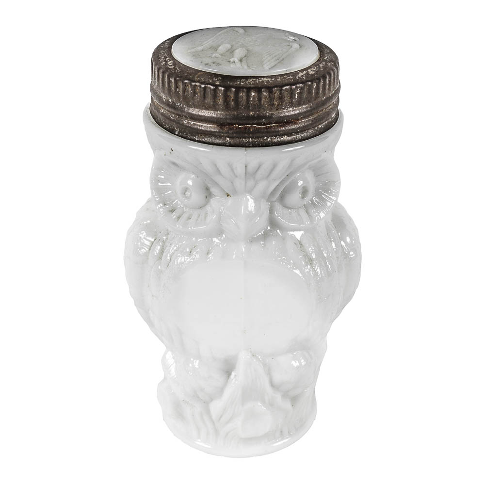 Antique Owl Shaped Milk Glass Mustard Jar