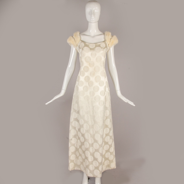 1960s Bob Bugnand Silk Brocade Evening Gown with Fur Trim