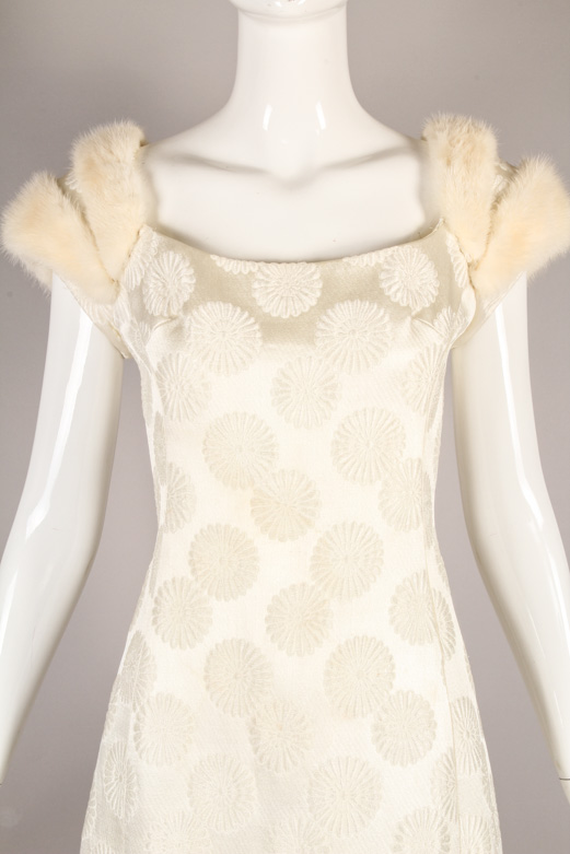 1960s Bob Bugnand Silk Brocade Evening Gown with Fur Trim