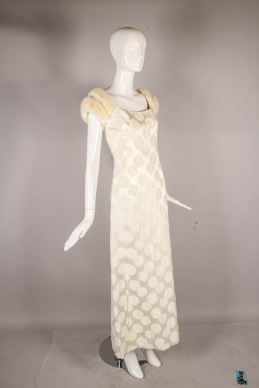 1960s Bob Bugnand Silk Brocade Evening Gown with Fur Trim