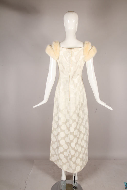 1960s Bob Bugnand Silk Brocade Evening Gown with Fur Trim