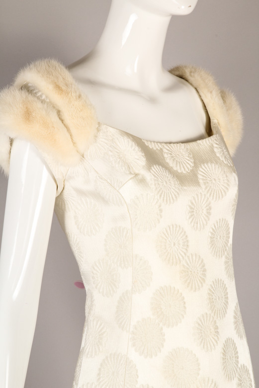 1960s Bob Bugnand Silk Brocade Evening Gown with Fur Trim