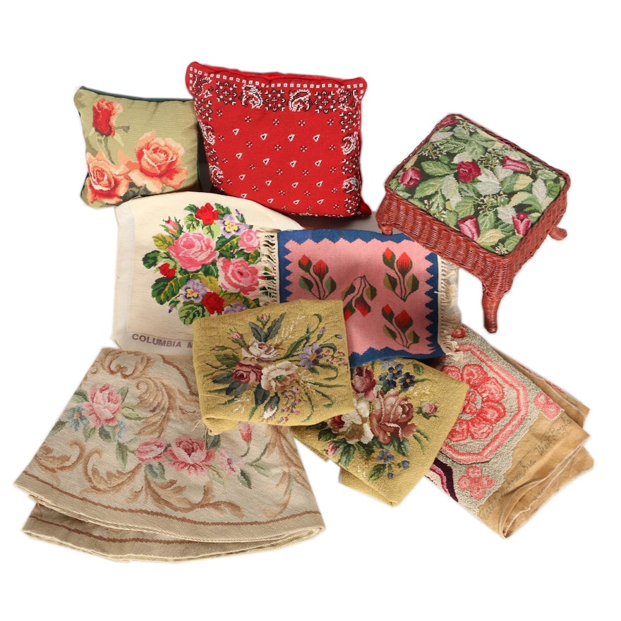 Assorted Floral Needlework, Including Pillows, a Footstool and Small Rugs