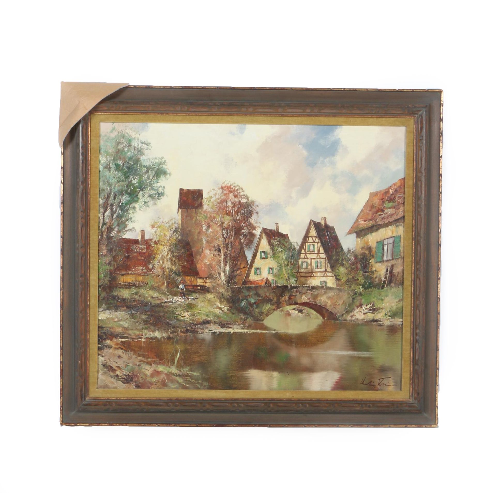 Oil Painting on Canvas of a European Village