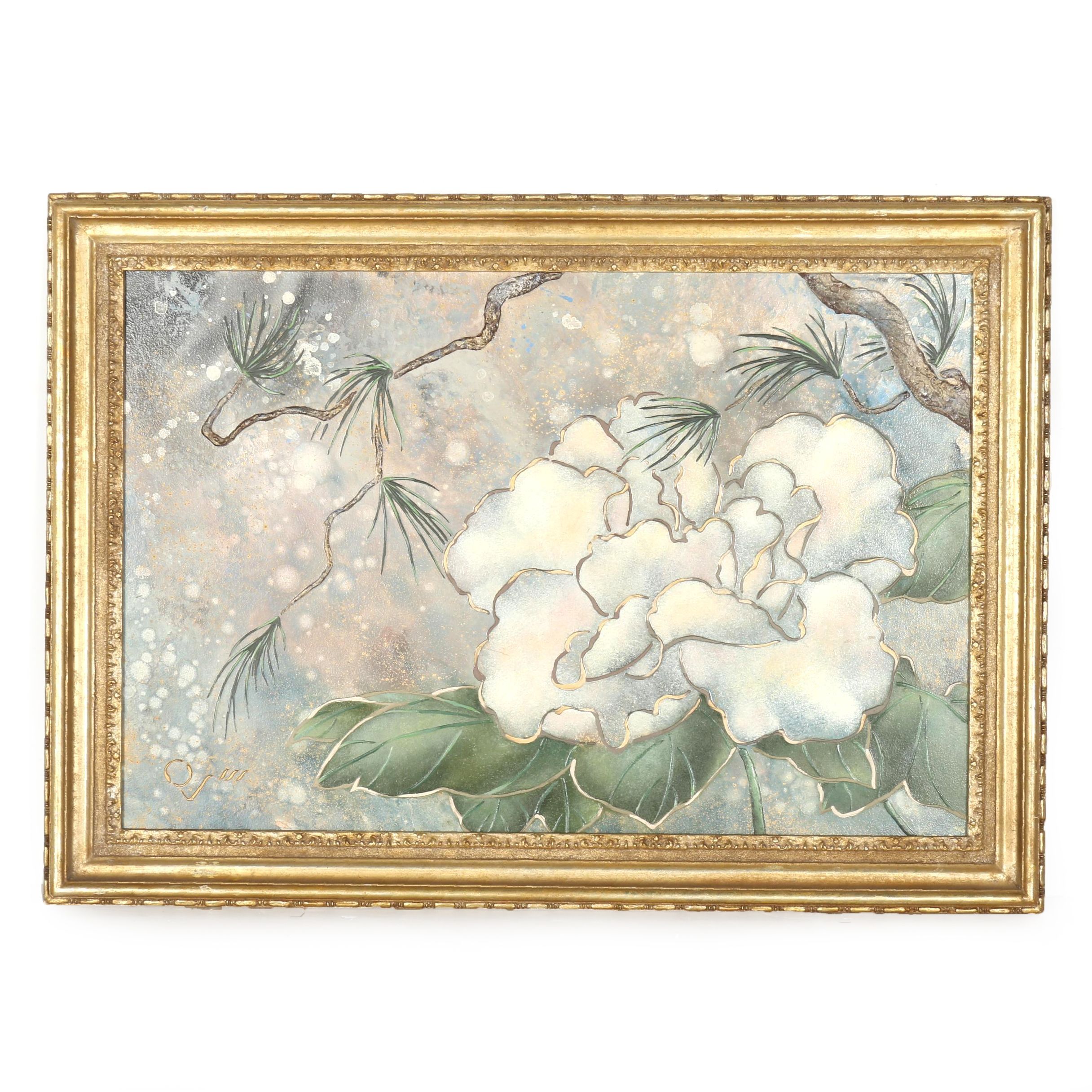 Odavie Oil and Mix Media Painting on Board "Peonies and Pine Bows"