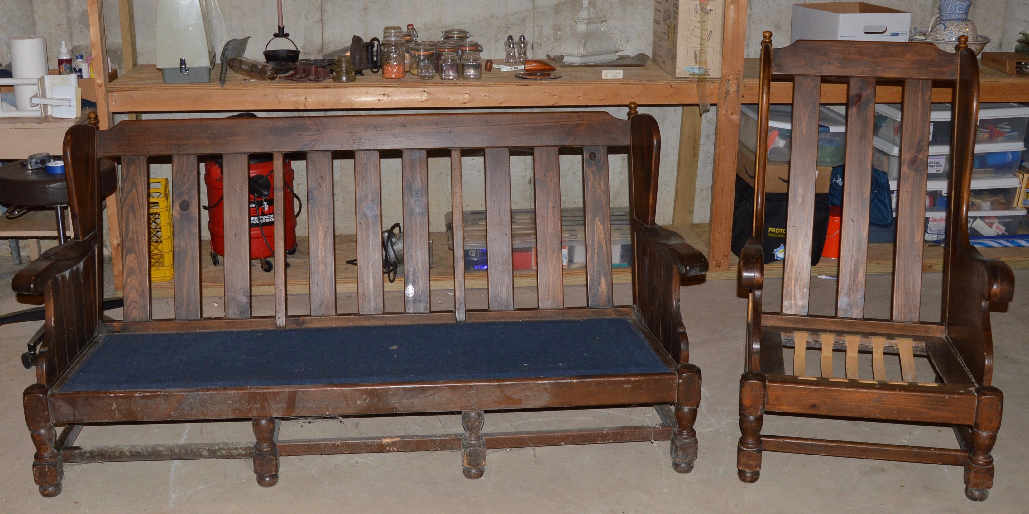 Vintage "Old Tavern" Wood Sofa, Chair, and Table by Ethan Allen