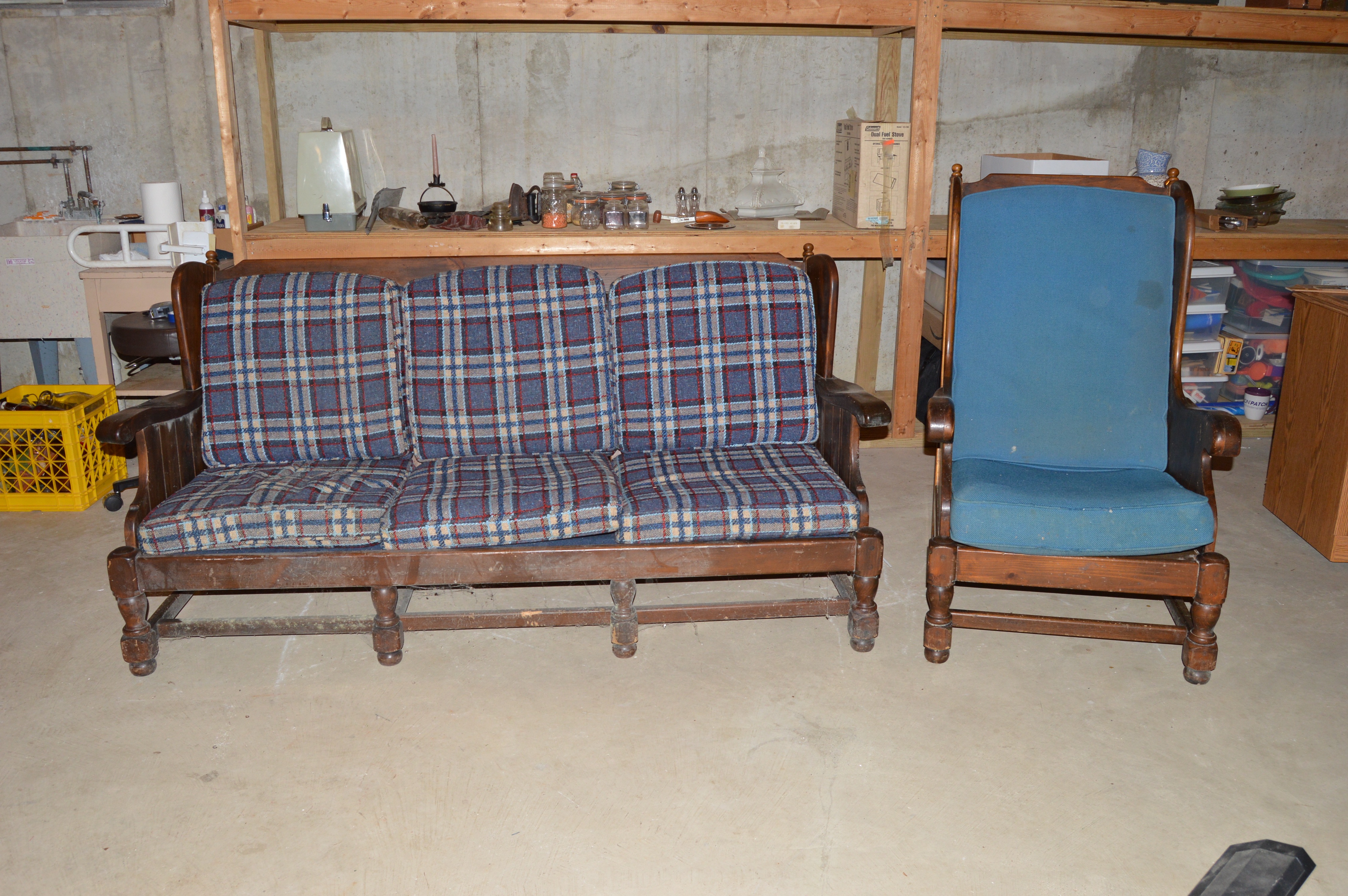 Vintage "Old Tavern" Wood Sofa, Chair, and Table by Ethan Allen
