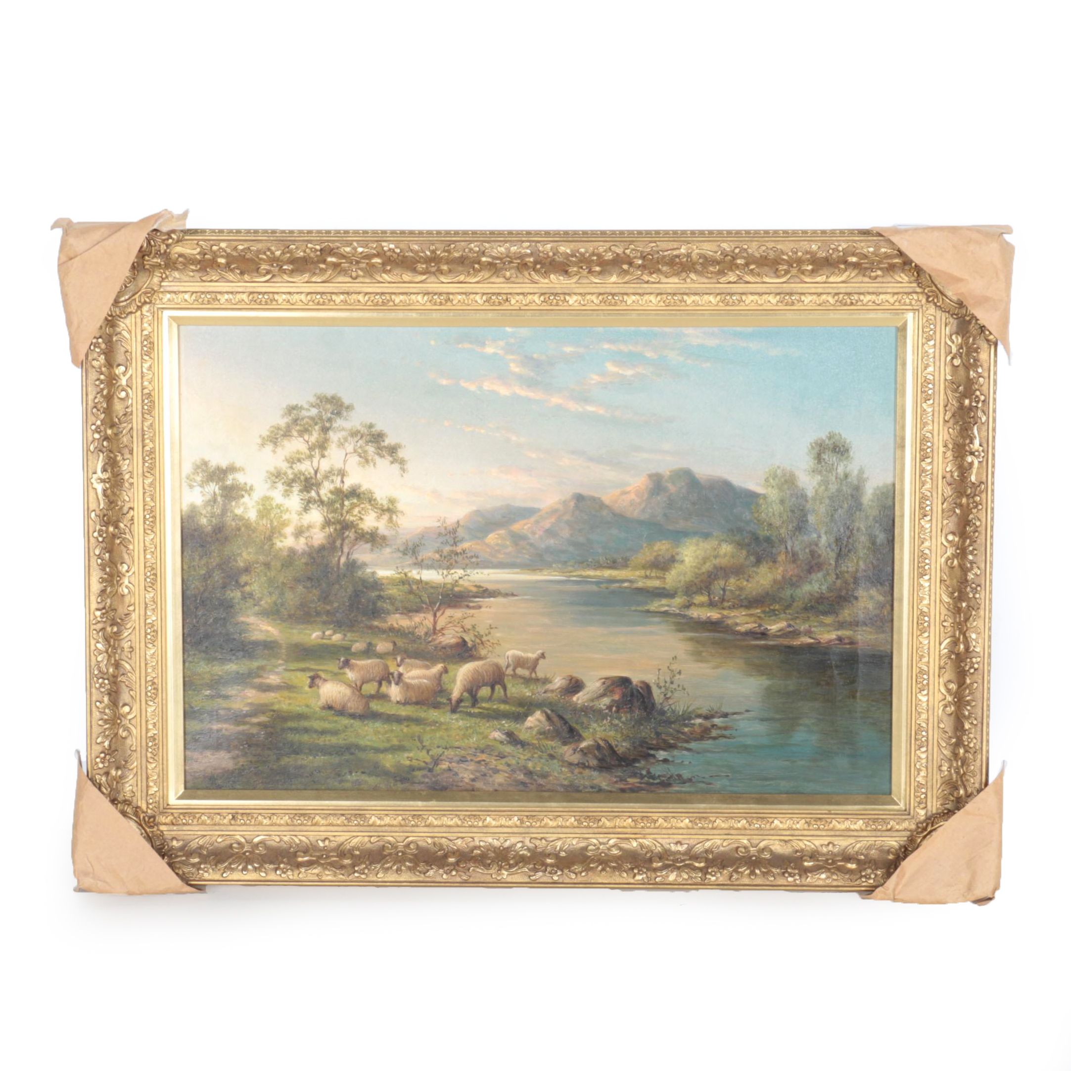 H. James Oil on Canvas "Sheep Grazing at the Edge of a River"