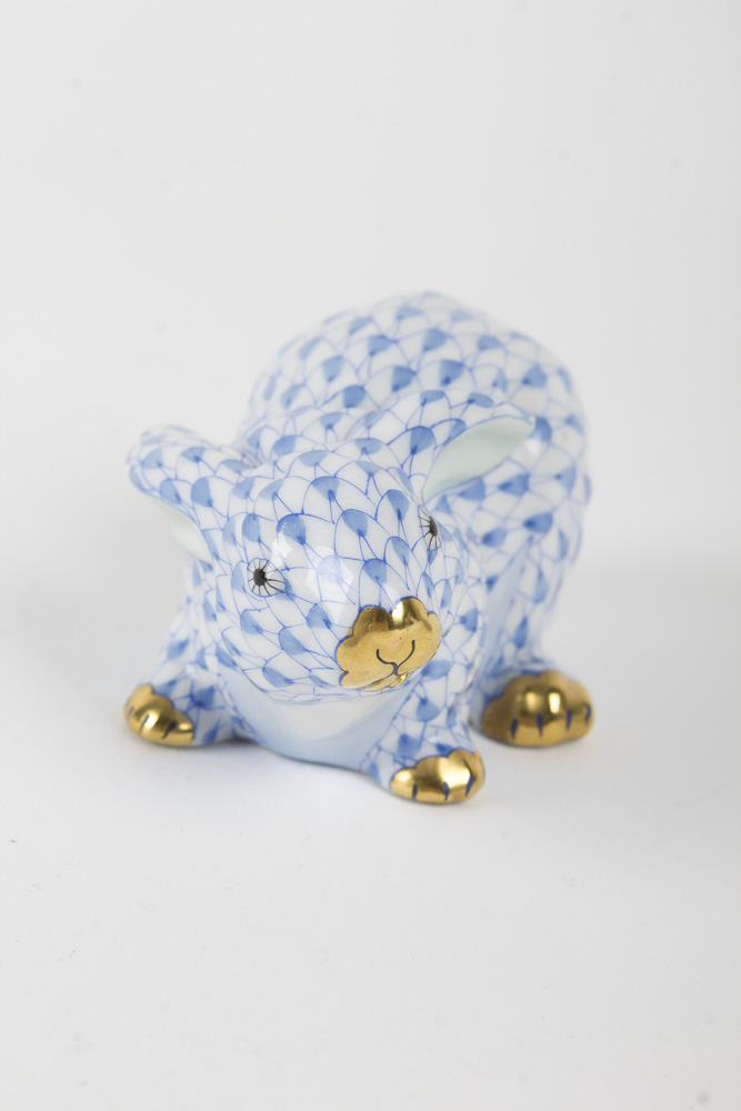 Herend "Crouching" Blue Fishnet Bunny Figurine