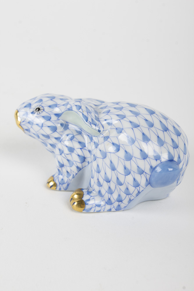 Herend "Crouching" Blue Fishnet Bunny Figurine