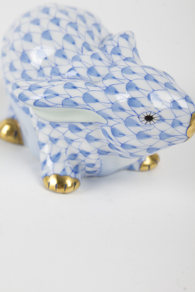 Herend "Crouching" Blue Fishnet Bunny Figurine