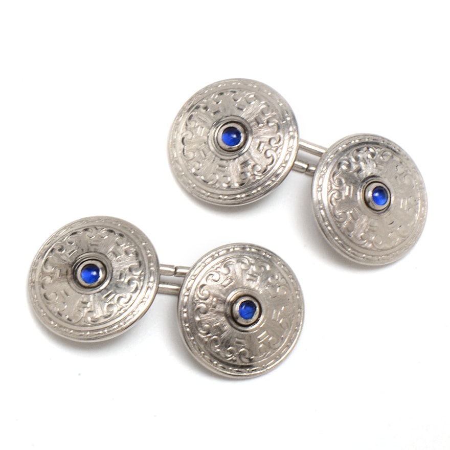 Vintage Belais 14K White Gold Front Cuff Links with Blue Glass