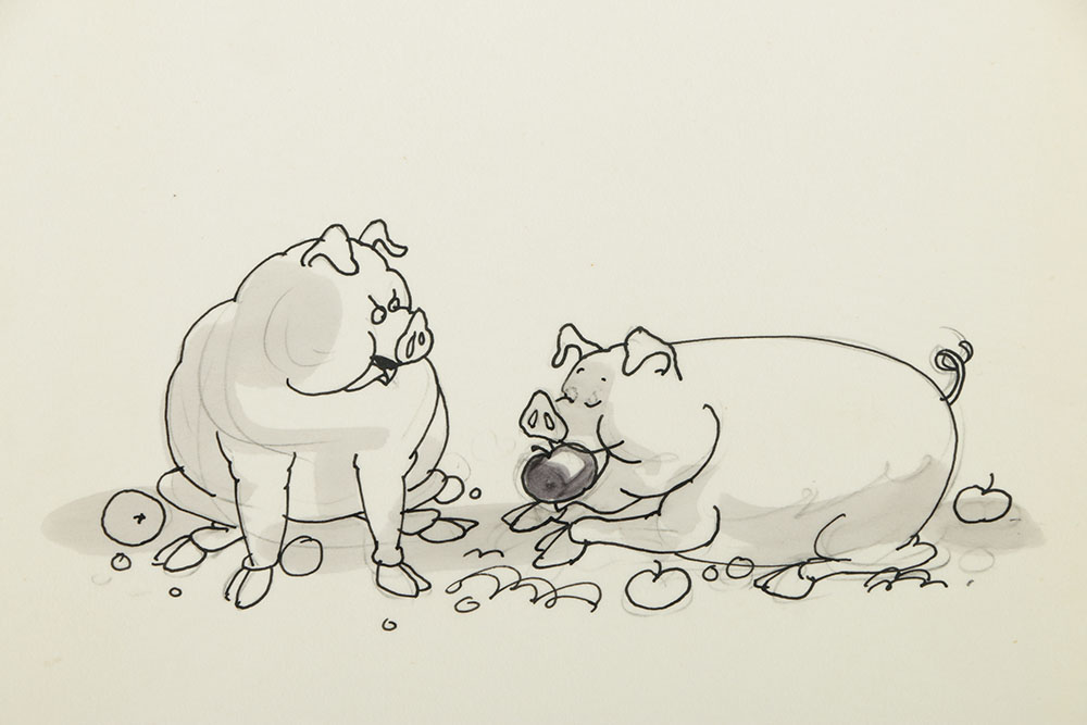 Art Cummings Mixed Media Cartoon on Transparent Paper of Pigs