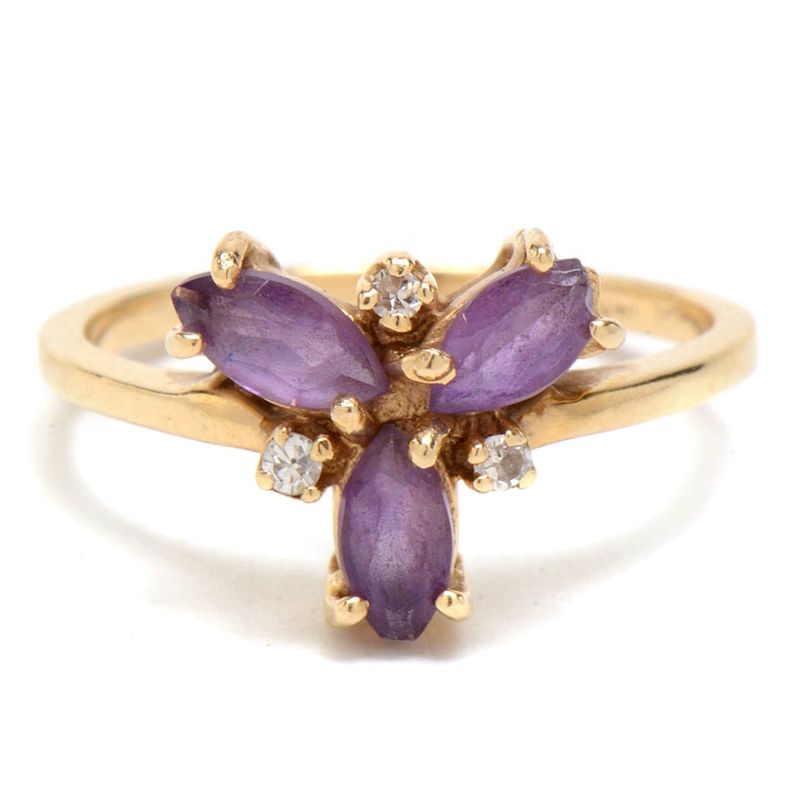 14K Plumb Yellow Gold, Amethyst and Diamond Ring