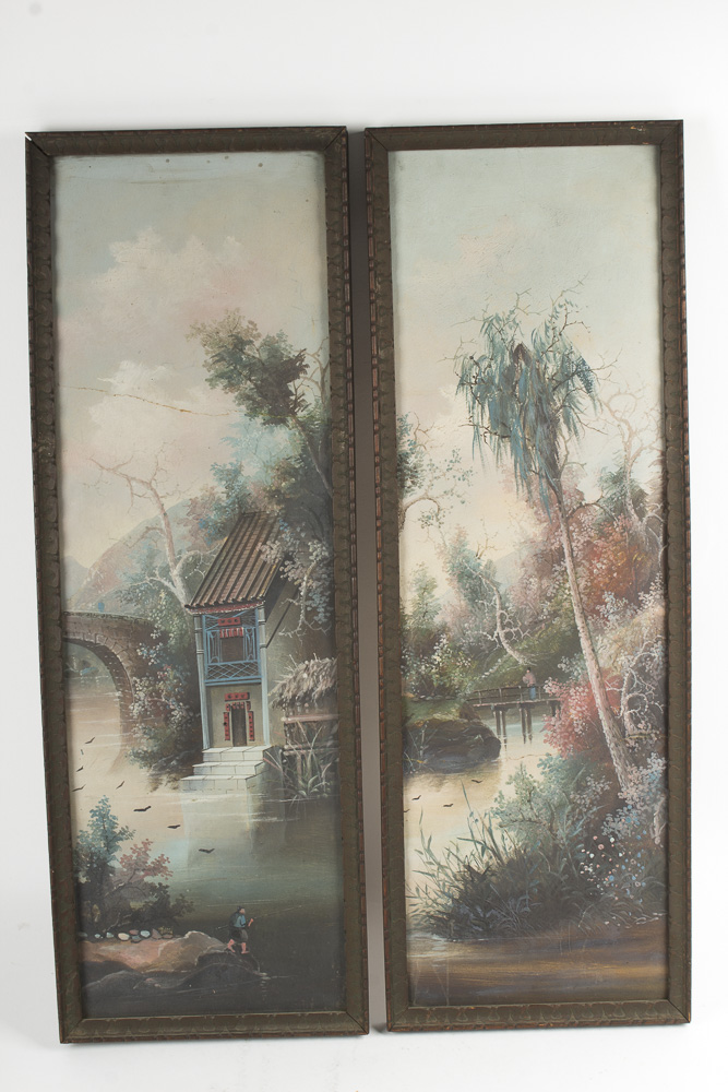 Pair of Asian Inspired Gouache Landscape Paintings