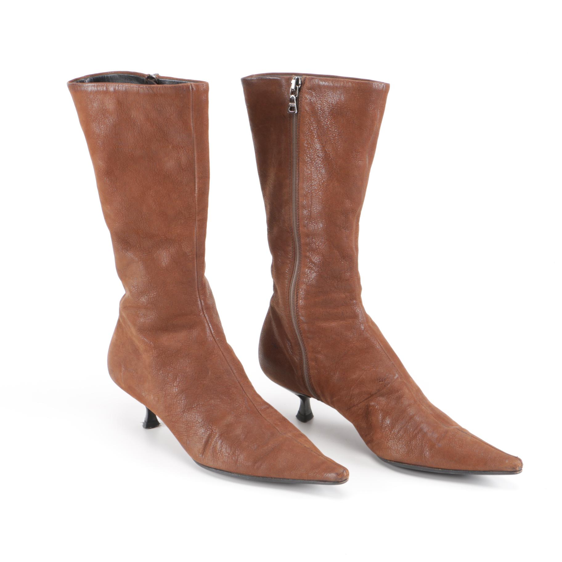 Prada Kitten Heel Boots in Brown Leather