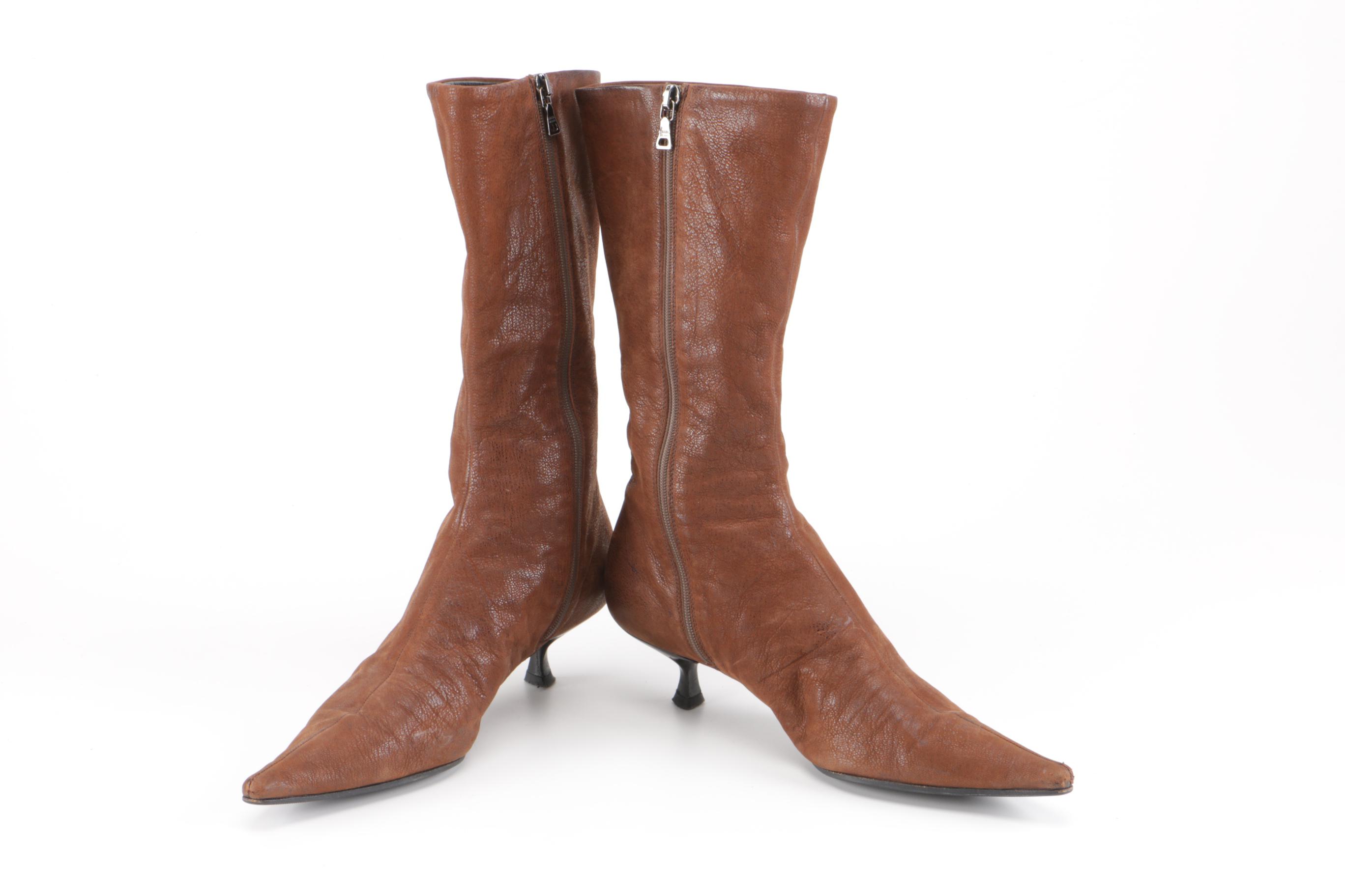 Prada Kitten Heel Boots in Brown Leather