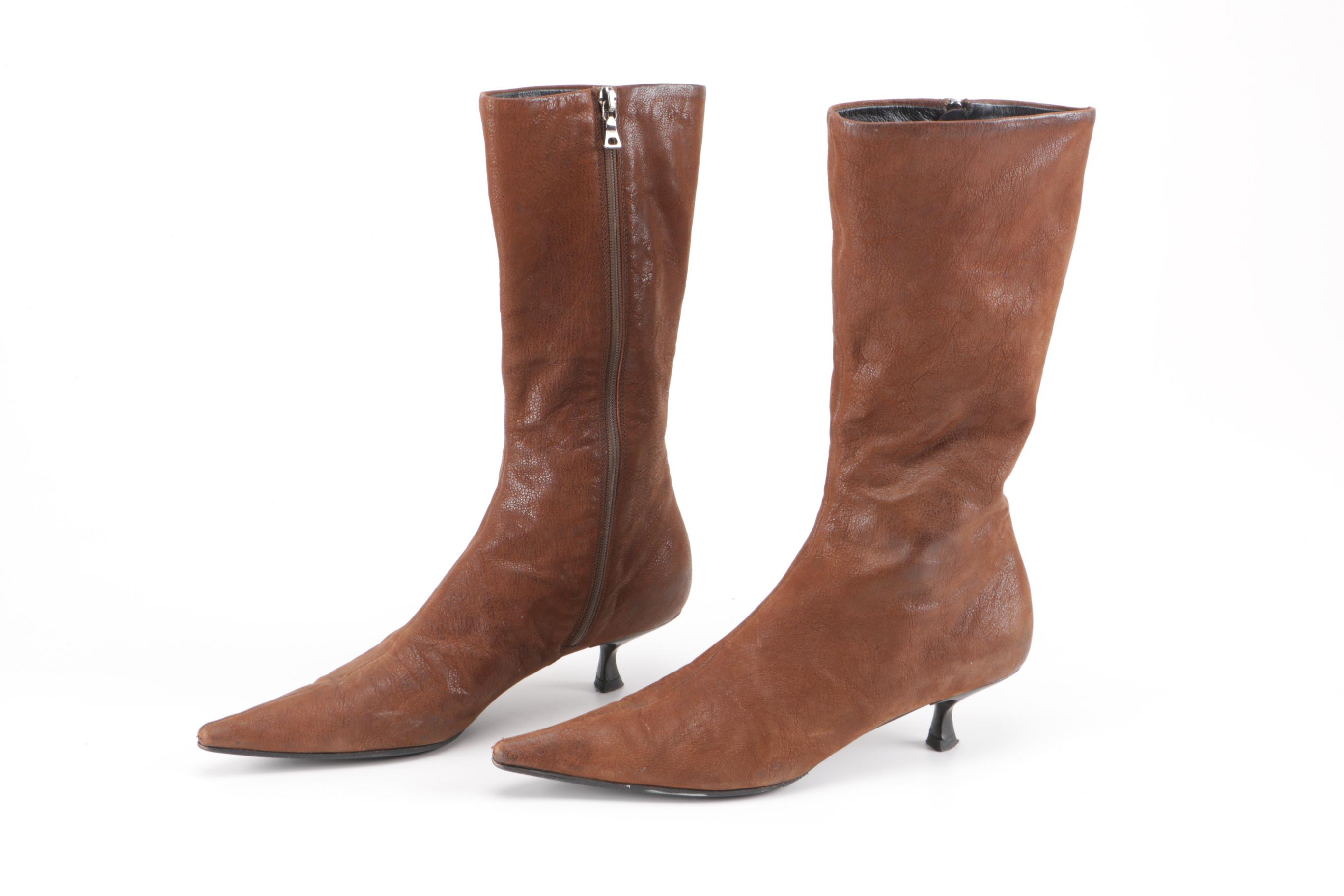 Prada Kitten Heel Boots in Brown Leather