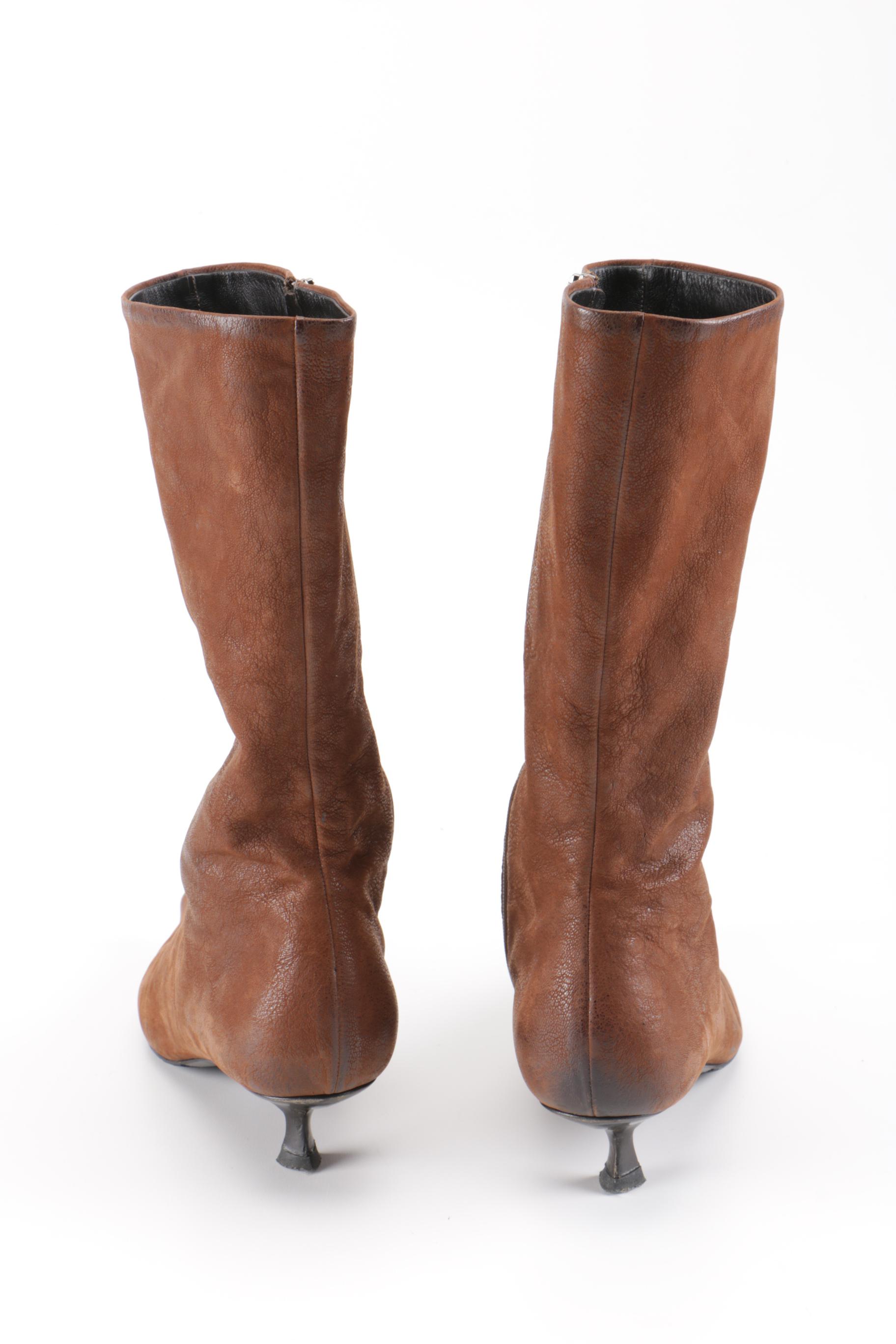 Prada Kitten Heel Boots in Brown Leather