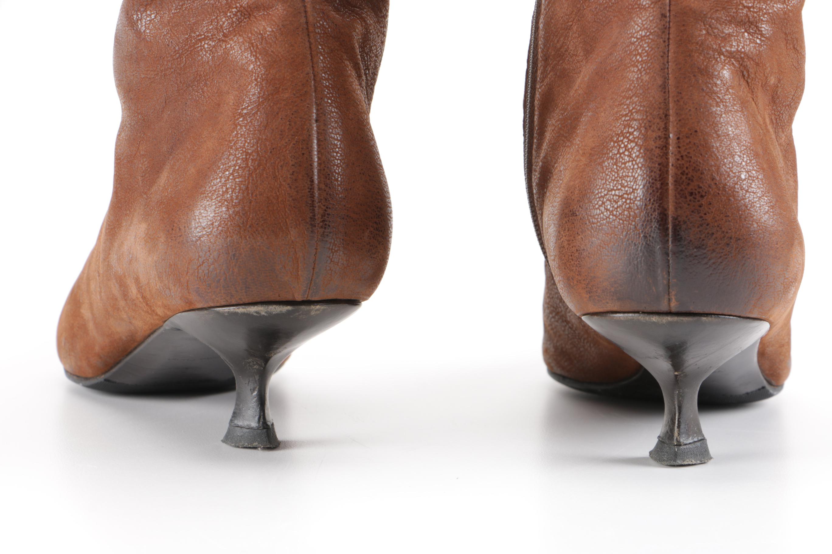 Prada Kitten Heel Boots in Brown Leather