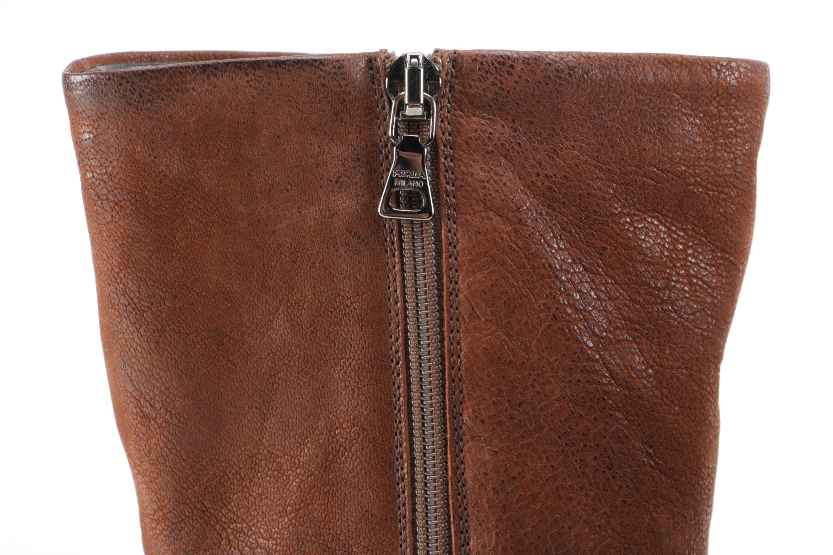 Prada Kitten Heel Boots in Brown Leather