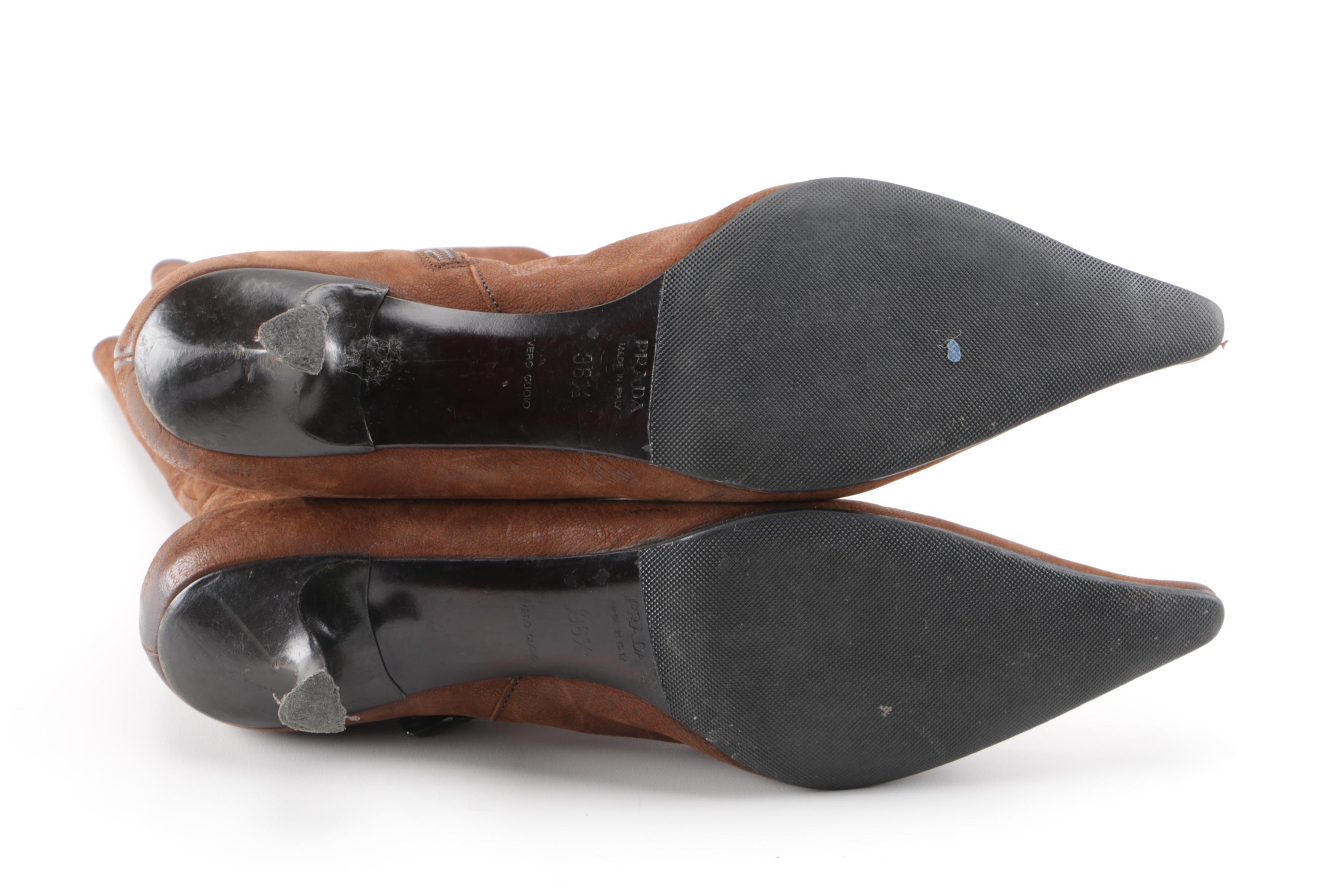 Prada Kitten Heel Boots in Brown Leather