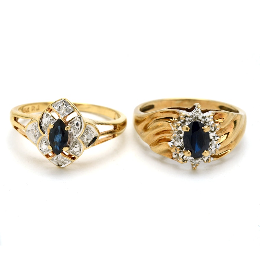 Two 10K Yellow Gold Blue Sapphire and Diamond Rings