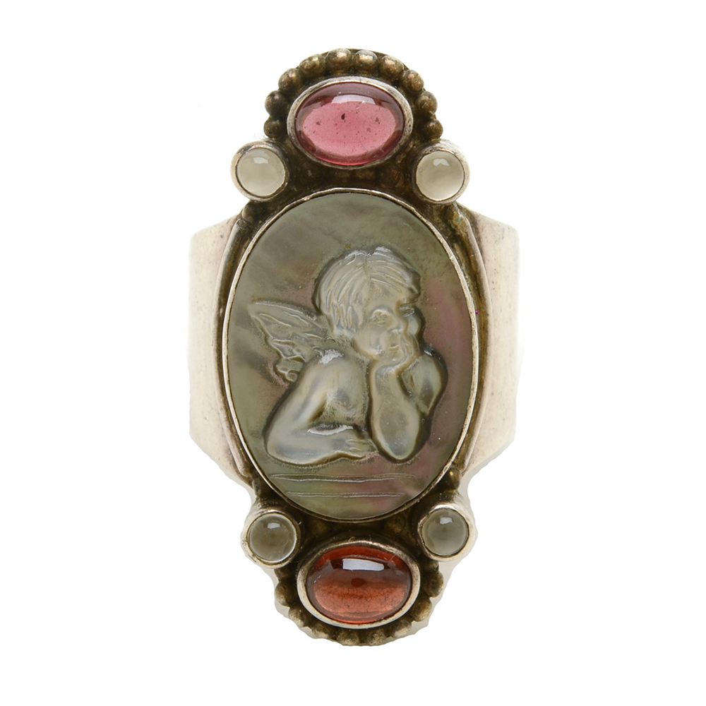 Sajen Sterling Carved Mother of Pearl Cherub Multi-Stone Ring