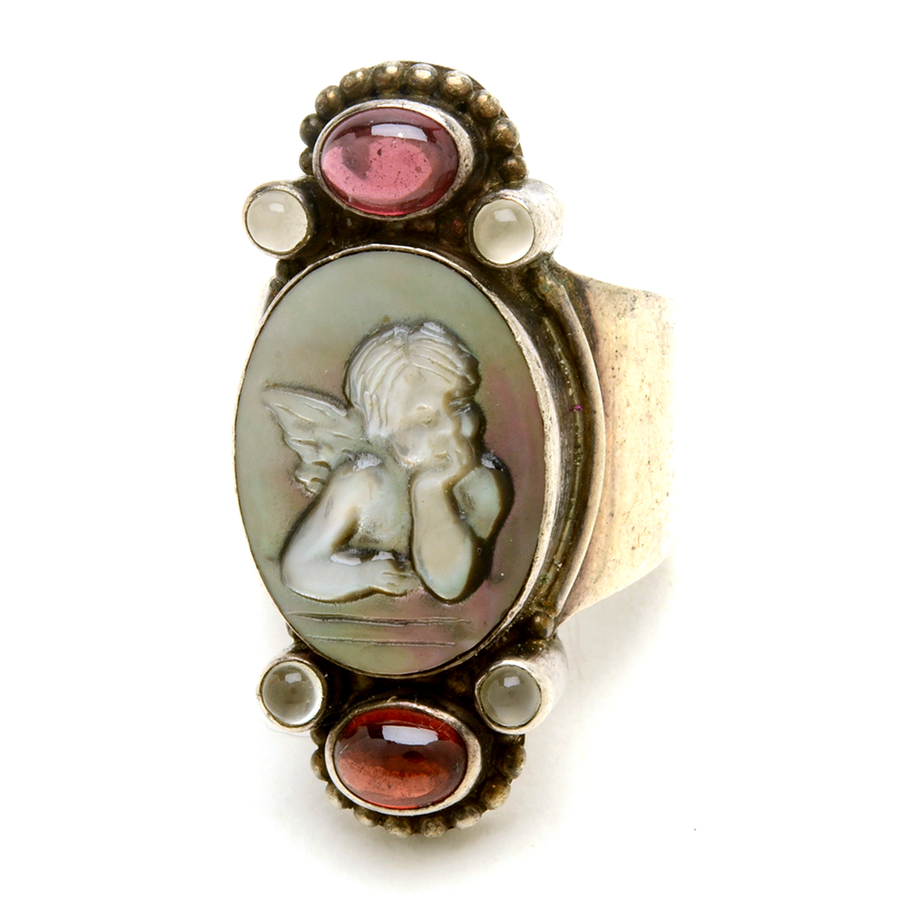 Sajen Sterling Carved Mother of Pearl Cherub Multi-Stone Ring