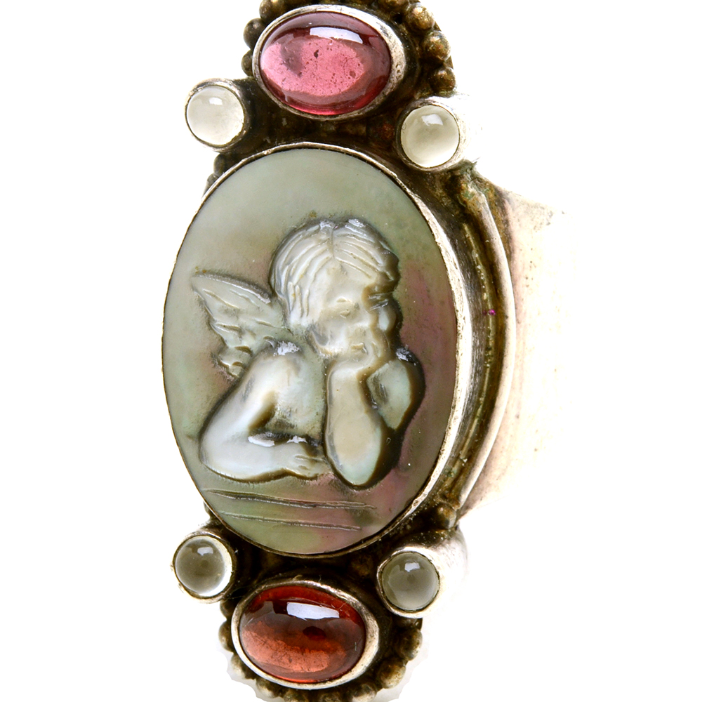 Sajen Sterling Carved Mother of Pearl Cherub Multi-Stone Ring