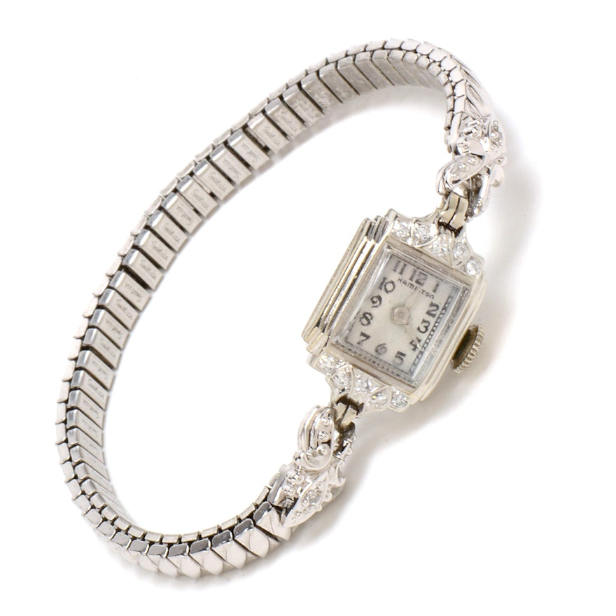 Women's Vintage 14K White Gold Diamond Wristwatch Bracelet