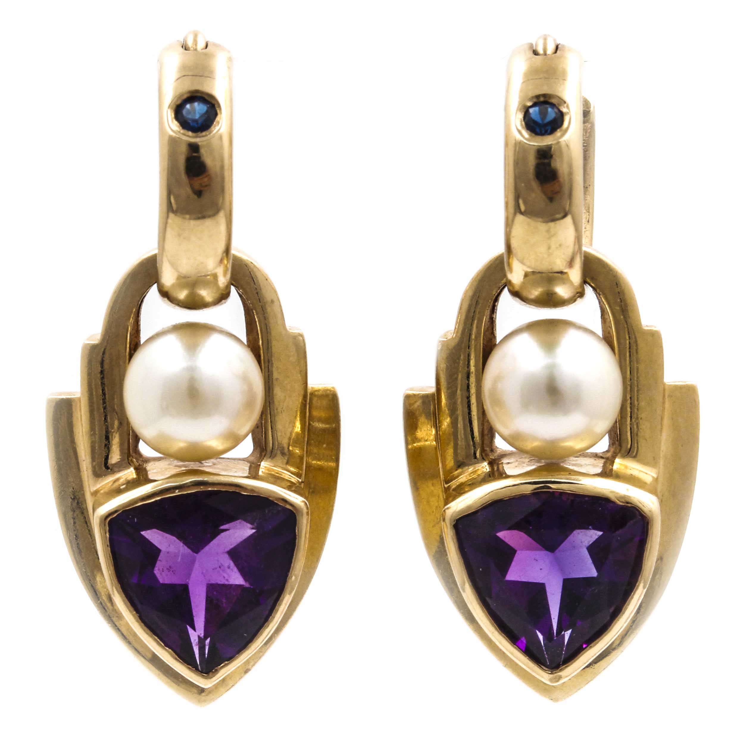 14K Yellow Gold Earrings With Amethyst, Cultured Pearl, and Sapphire