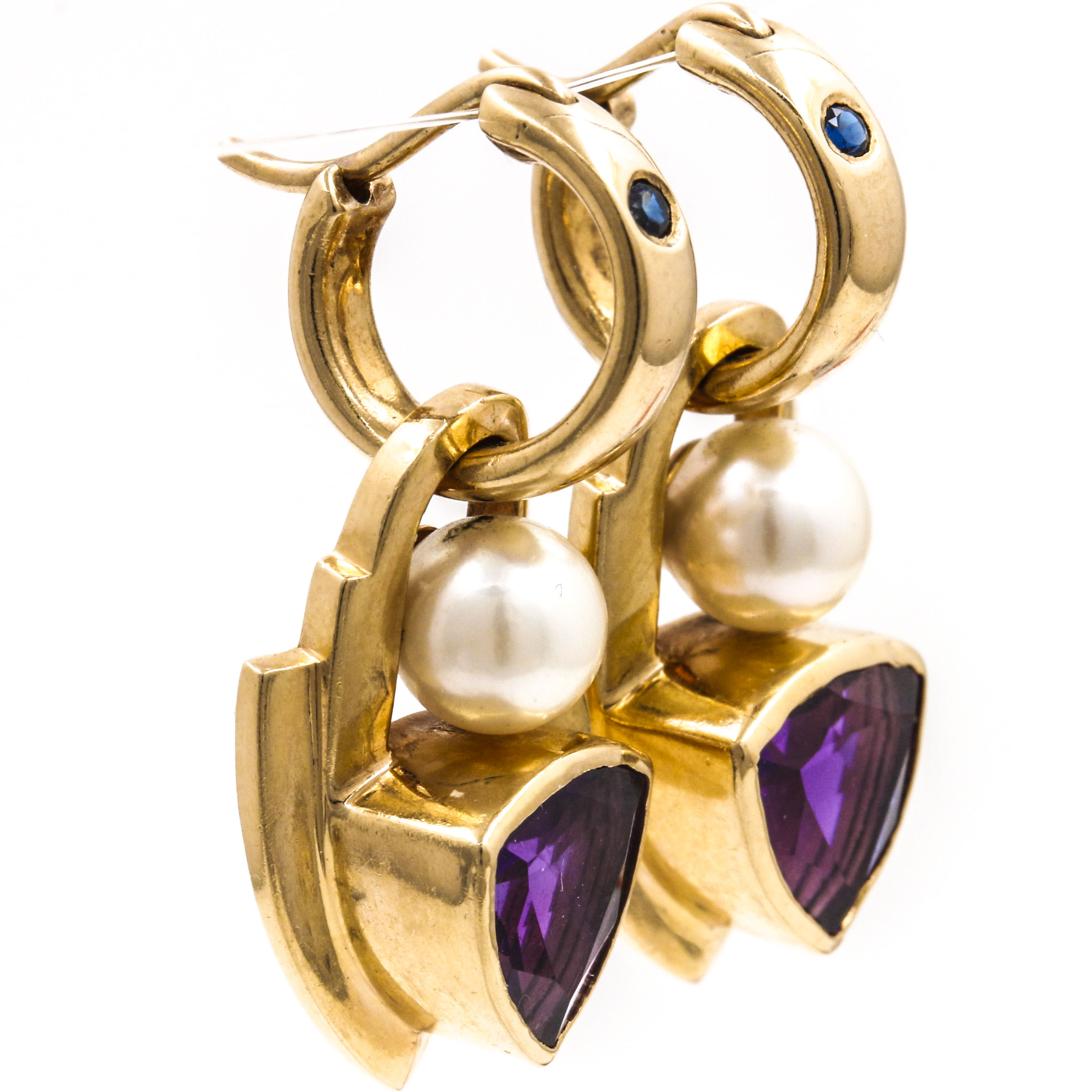 14K Yellow Gold Earrings With Amethyst, Cultured Pearl, and Sapphire