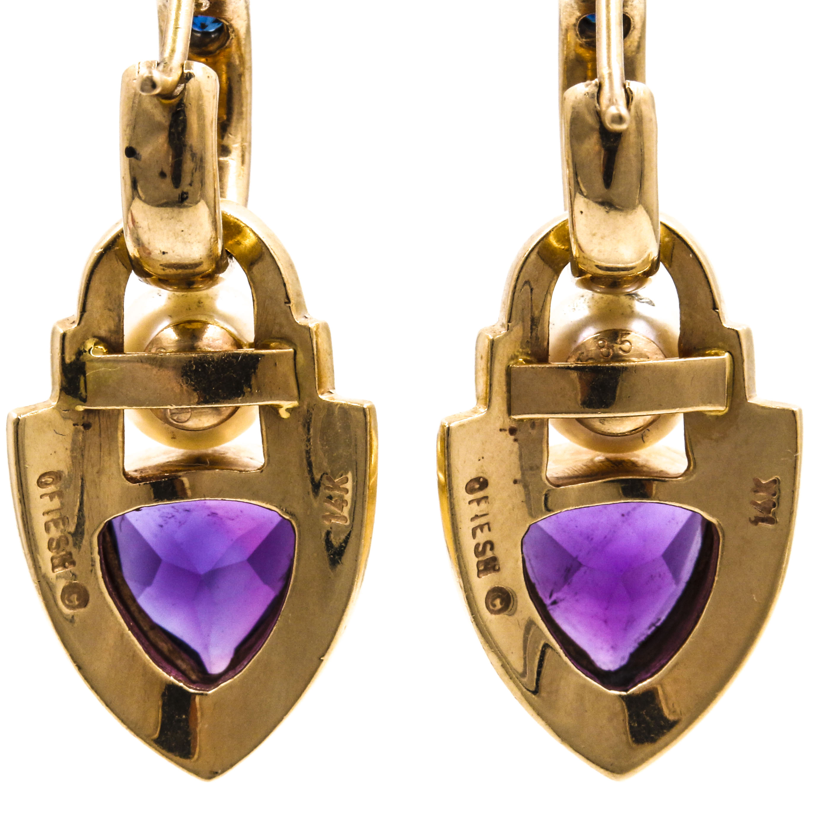 14K Yellow Gold Earrings With Amethyst, Cultured Pearl, and Sapphire