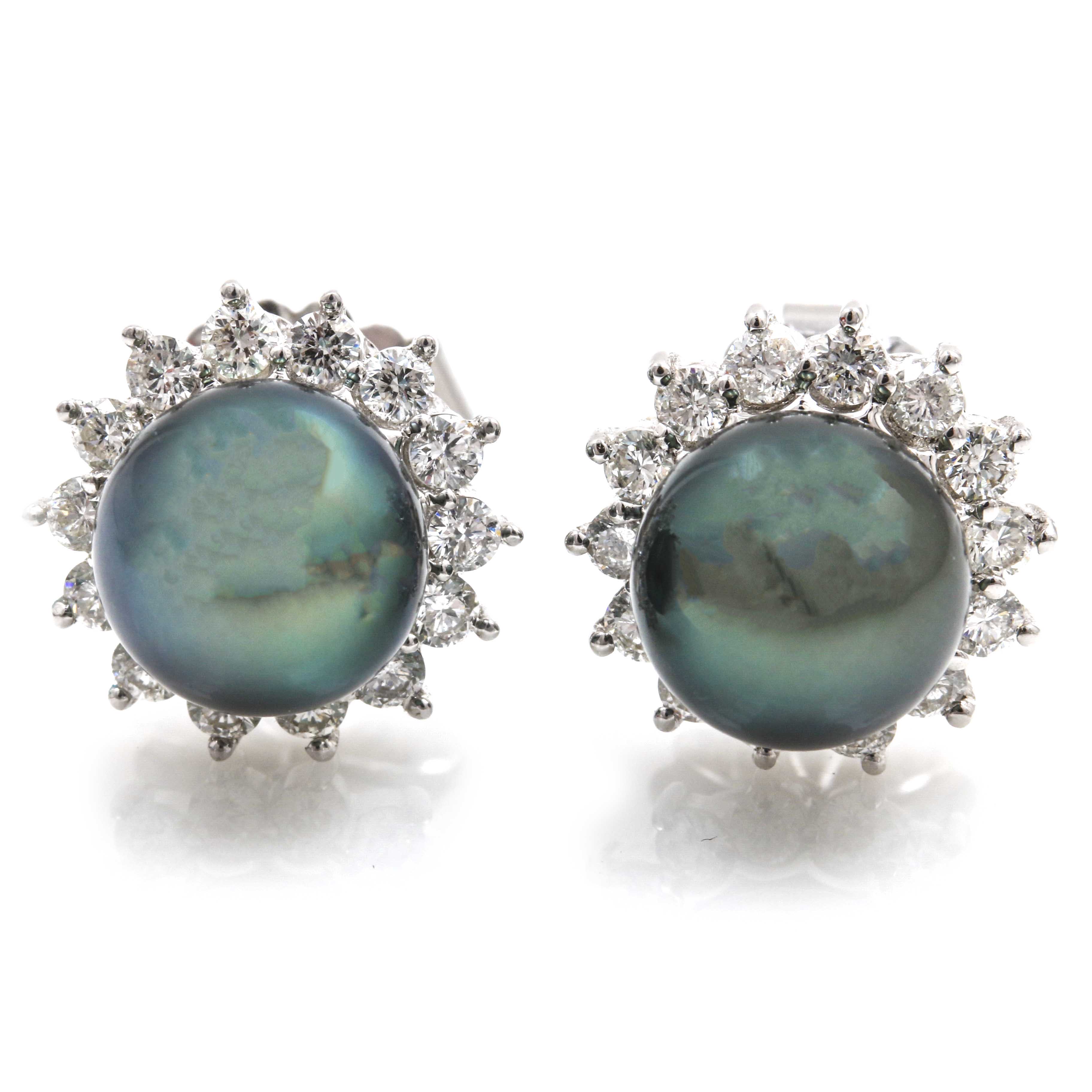 18K White Gold Tahitian Cultured Pearl and Diamond Stud Earrings