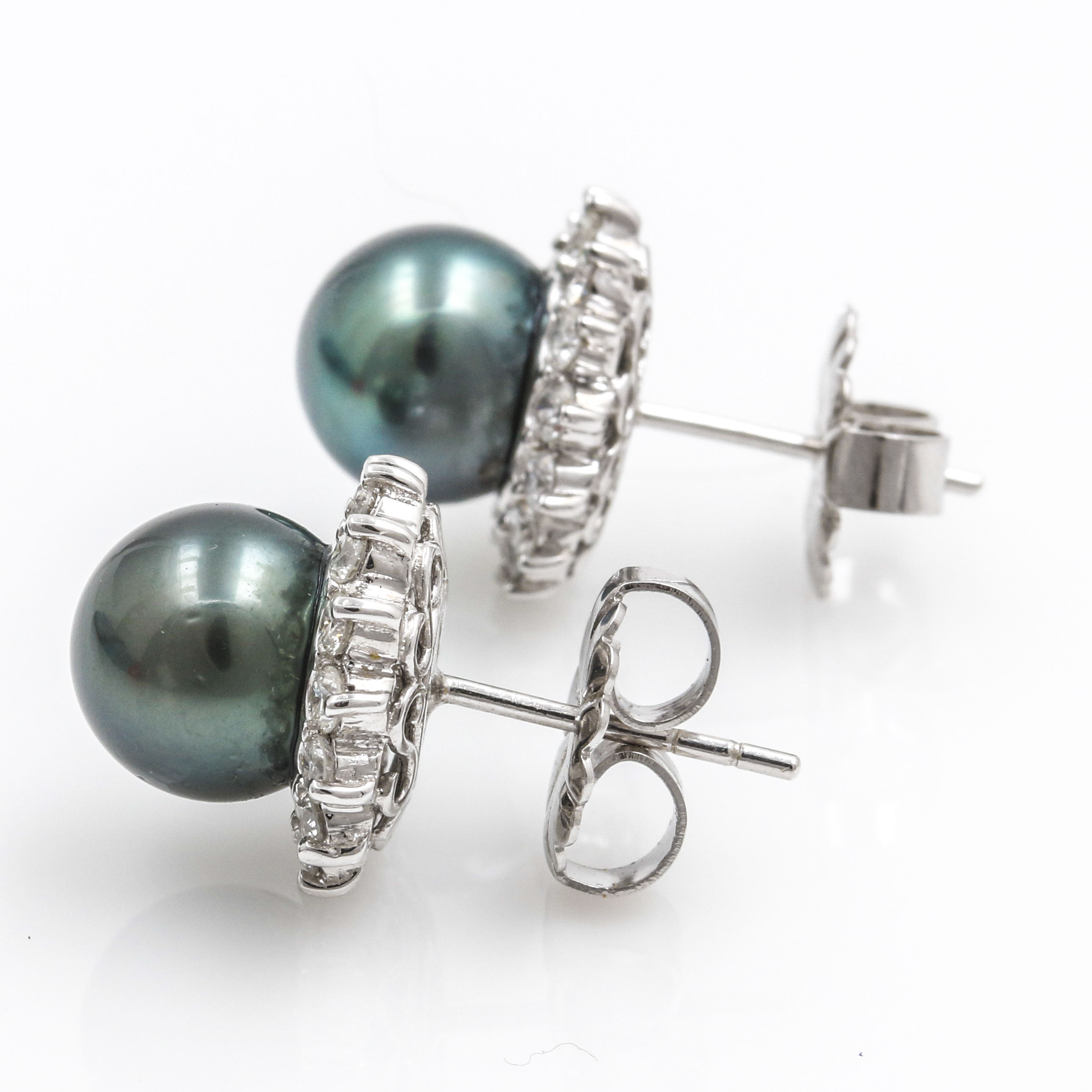 18K White Gold Tahitian Cultured Pearl and Diamond Stud Earrings